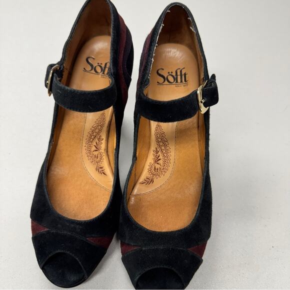 Sofft Black Red Suede Leather Peep Toe Mary Jane Heels Womens 7 Retro Classic - Picture 7 of 10